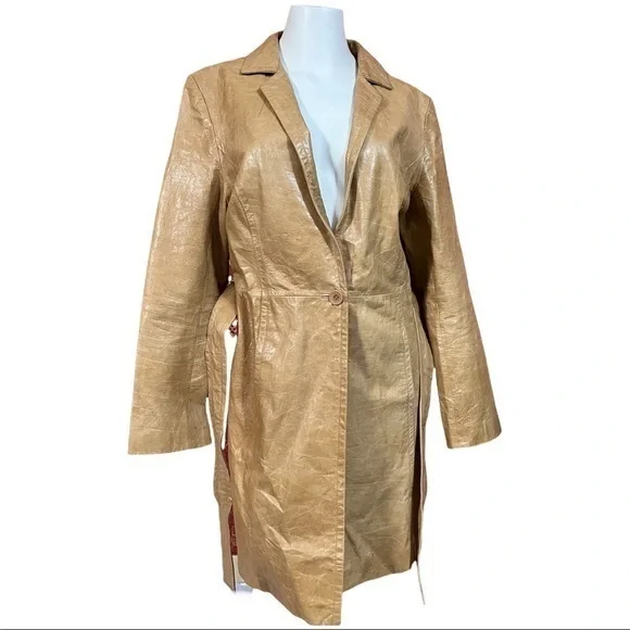 EXPRESS Y2K Vintage Camel Tan Belted Leather Jacket Trench Coat 12